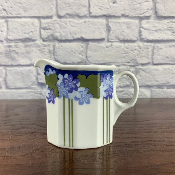 Porsgrund Norway Blue Anemone Creamer Small Pitcher with Purple Green and Blue Floral Pattern
