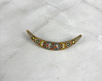 Vintage Crescent Moon Shaped Floral Micro Mosaic Brooch Pin