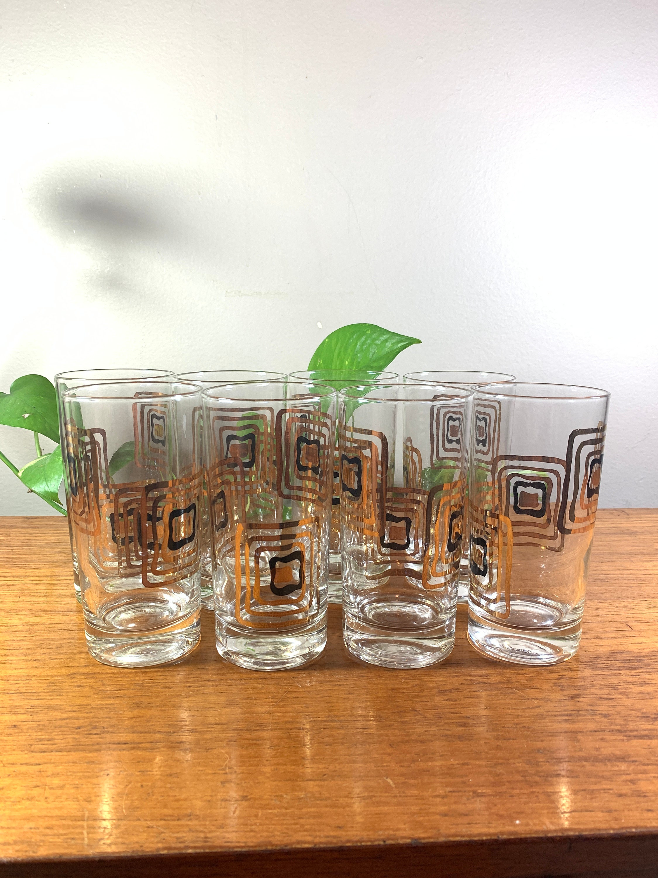 Set of 8 Highball Collins Glasses Mod Gold and Black Squares Mid