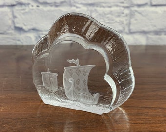 Nybro Clear Glass Viking Ship Paperweight in Original Box Signed Scandinavian Glass