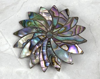 Mexican Abalone Pinwheel Pendant or Brooch Mid Century Jewelry