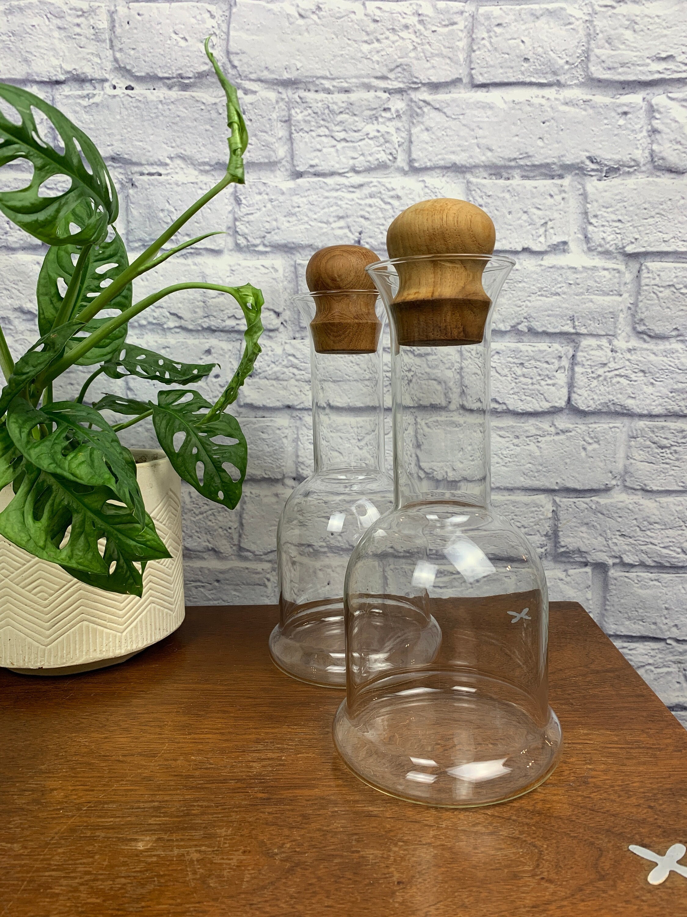 Dansk Glass Decanter Carafes with Teak Stopper Vintage Danish Modern