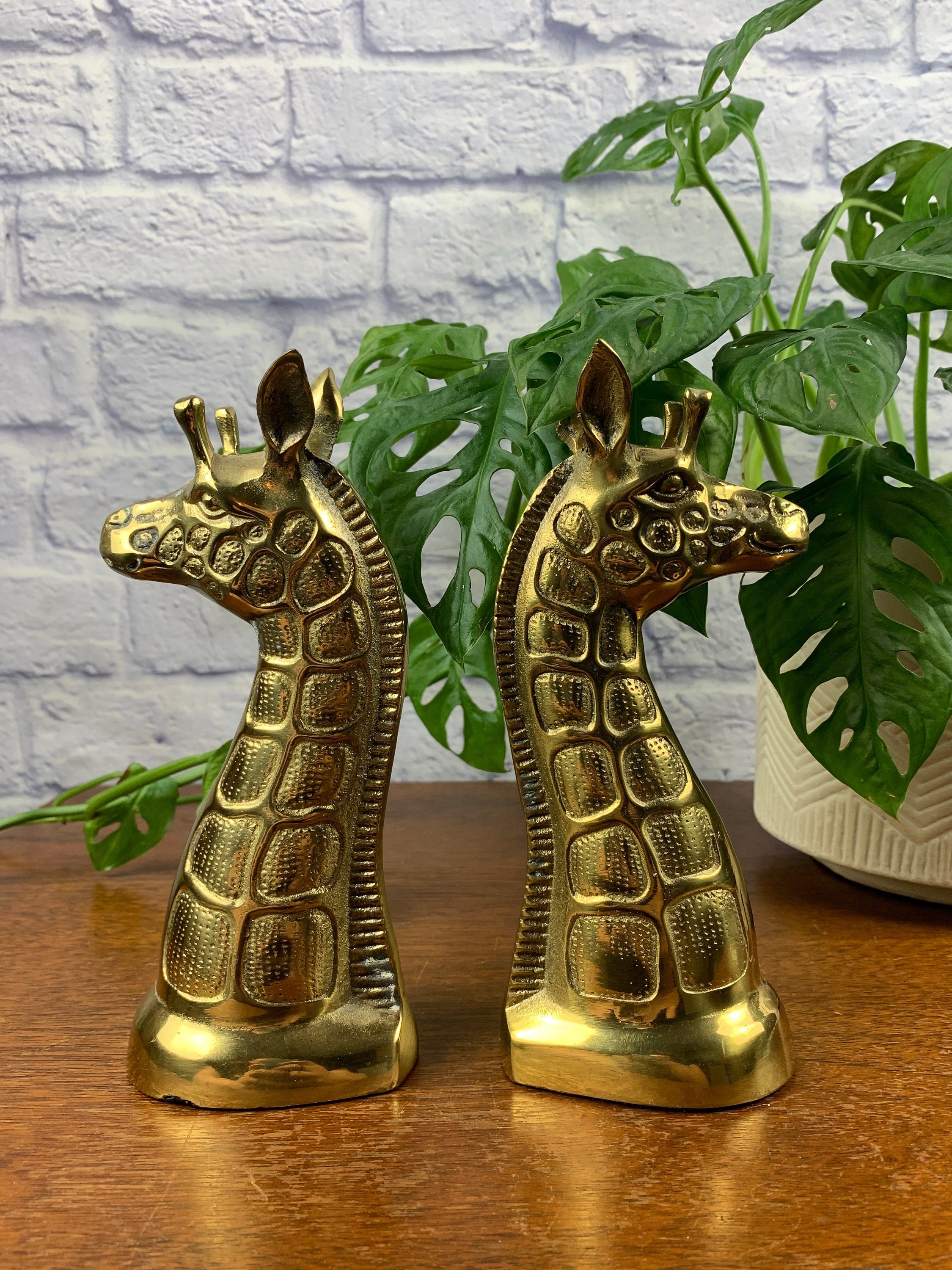 Vintage Brass Giraffe Head Bookends Hollywood Regency Bookshelf Decor