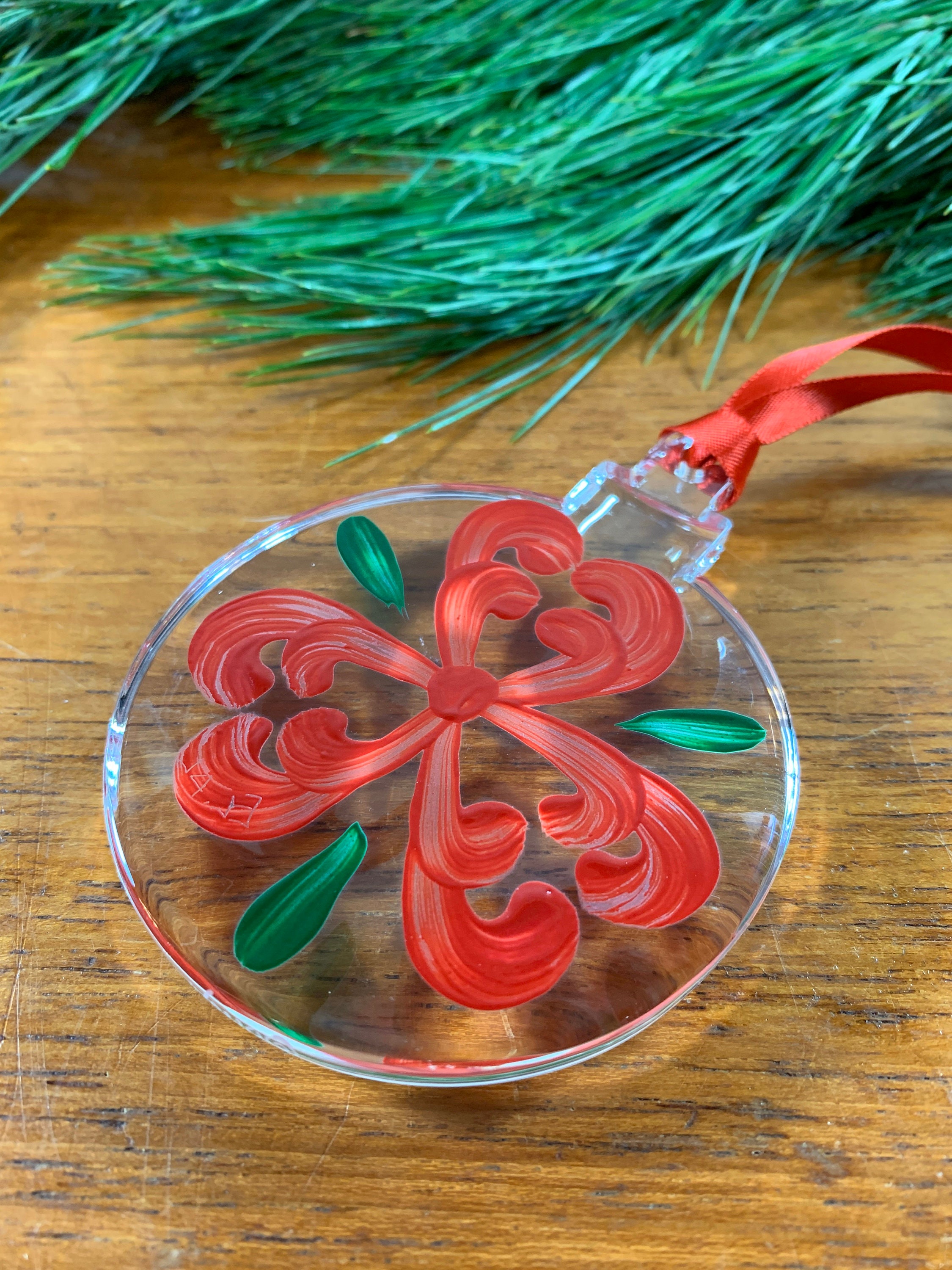 Orrefors Glass Christmas Flower Ornament Hand Painted Folk Art Design