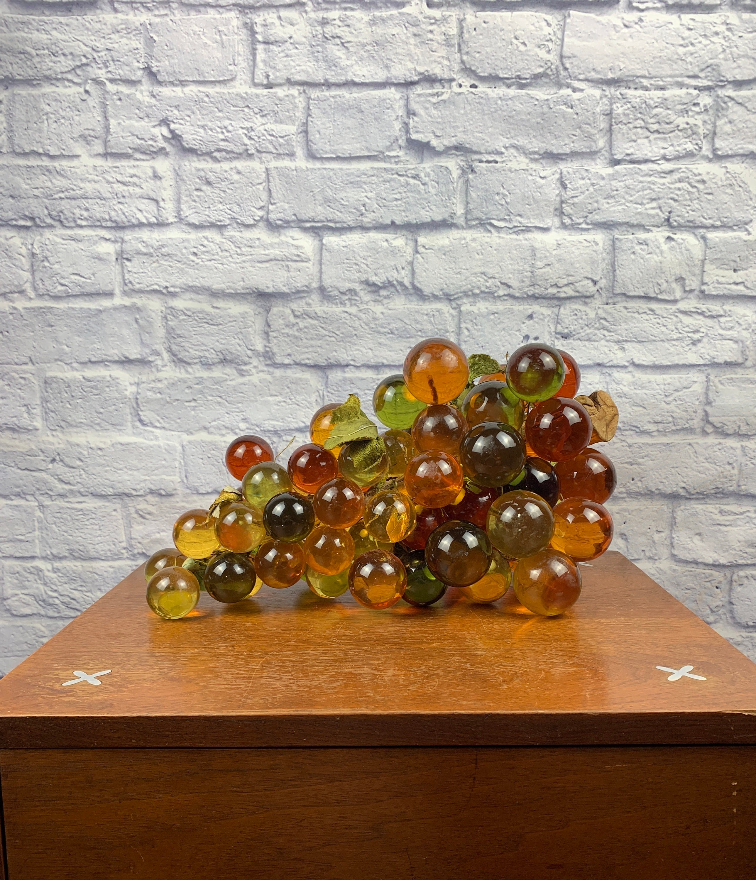Mid Century Extra Large Acrylic Lucite Grapes with Real Grapevine
