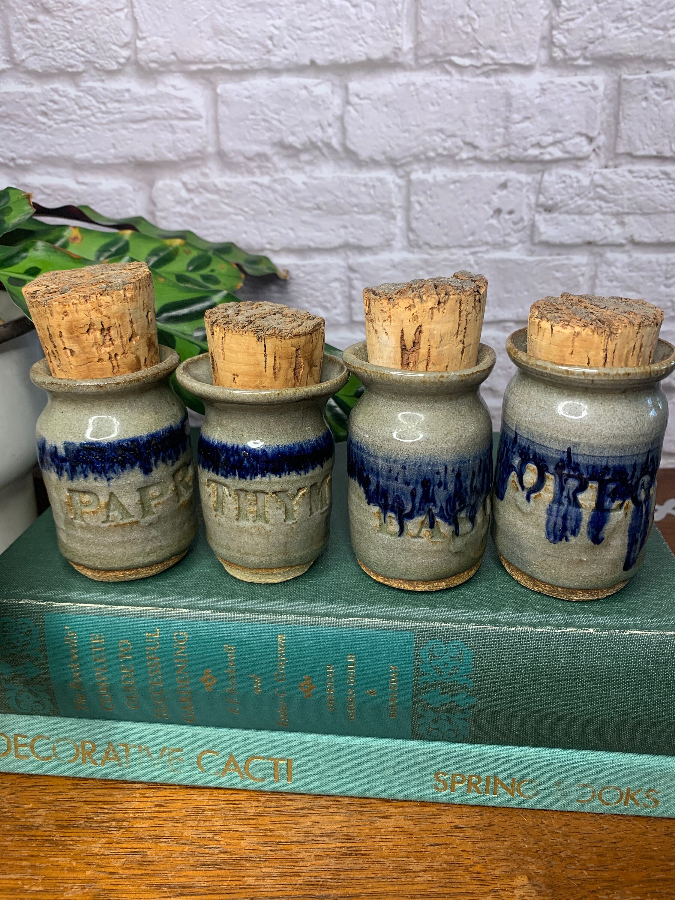 Ceramic Stoneware Spice Jars with Cork Lids Set of Four Paprika, Basil