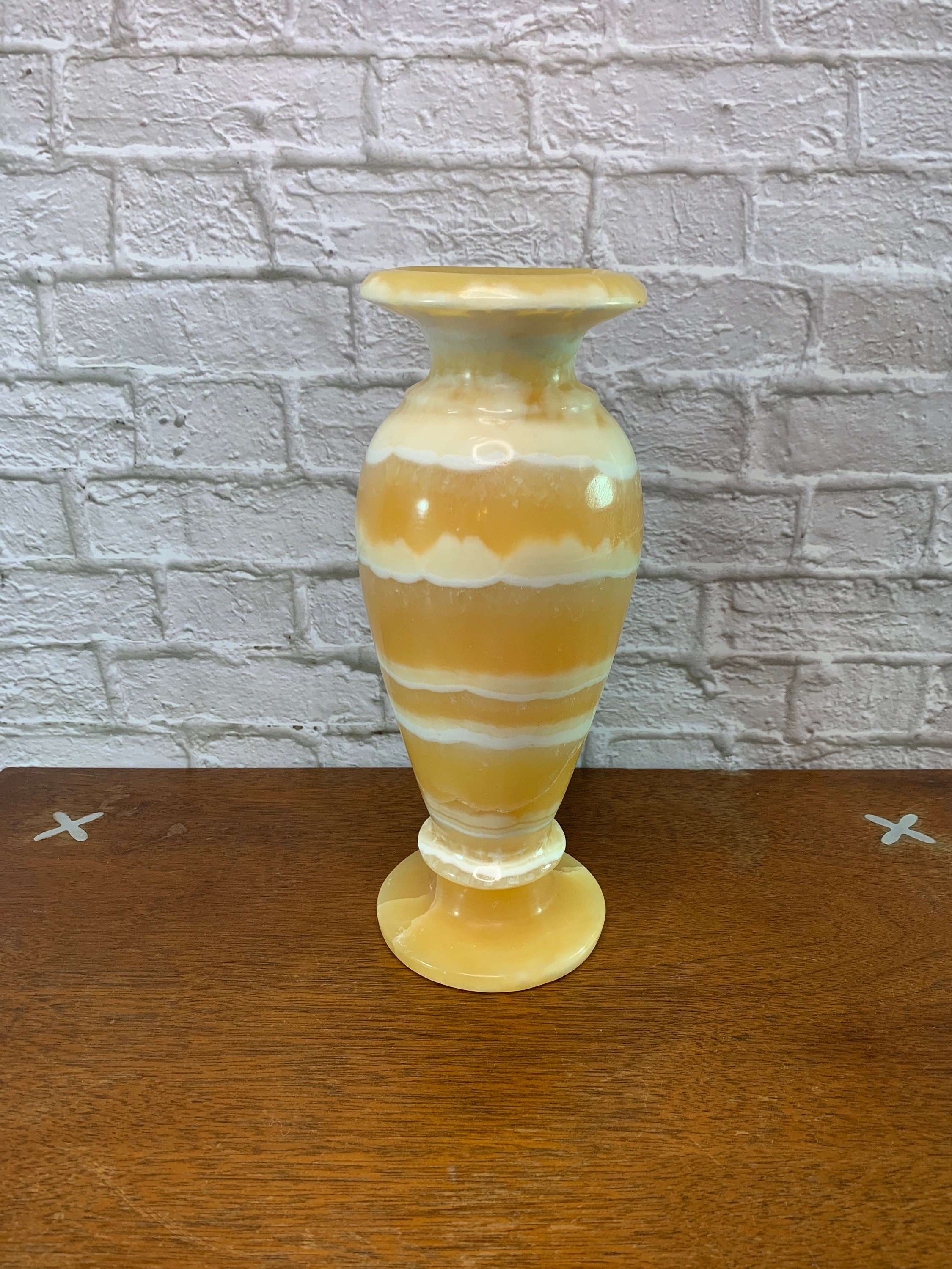 Heavy Vintage Carved Alabaster Vase Orange and White Swirled Natural