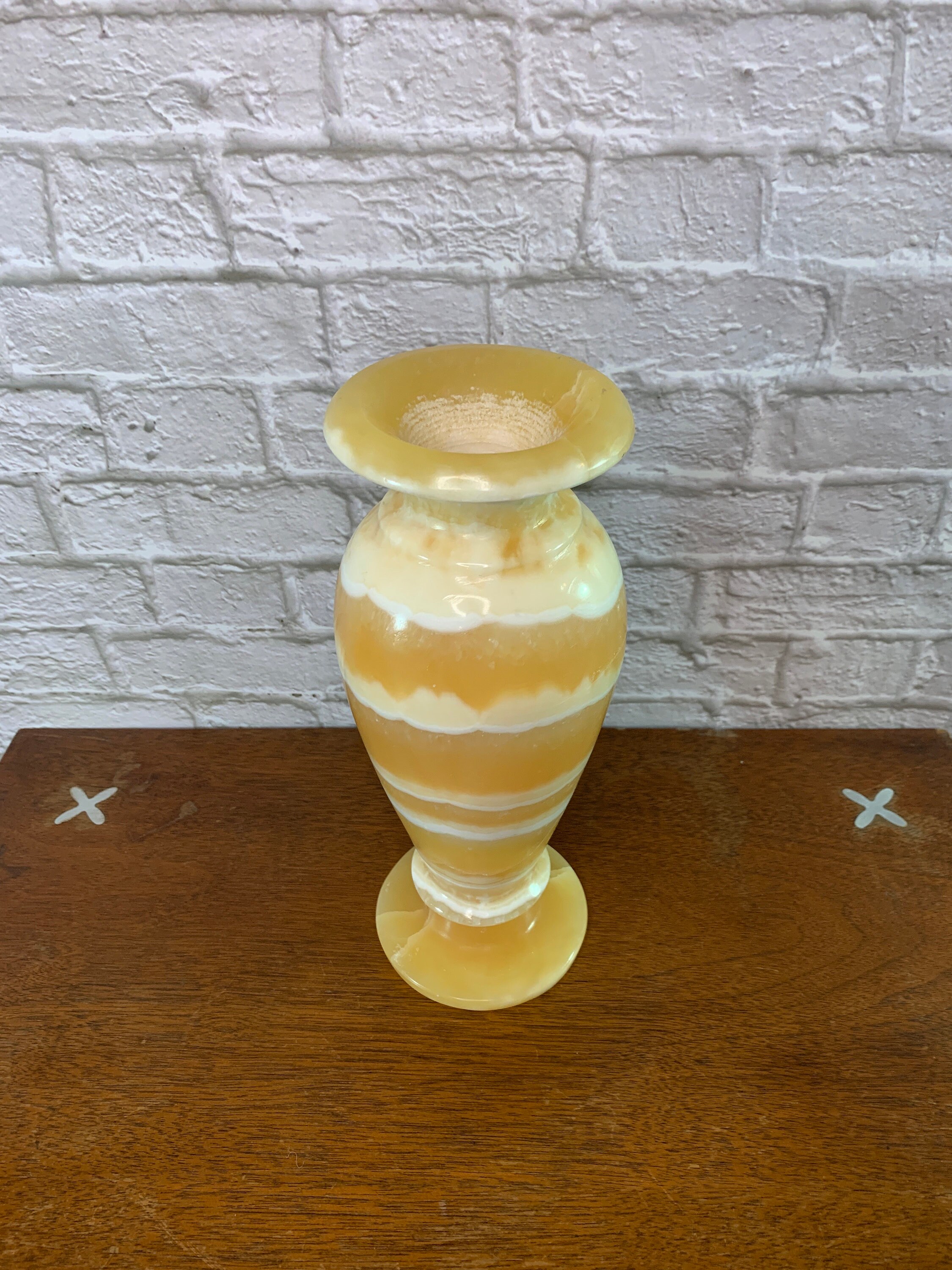 Heavy Vintage Carved Alabaster Vase Orange and White Swirled Natural
