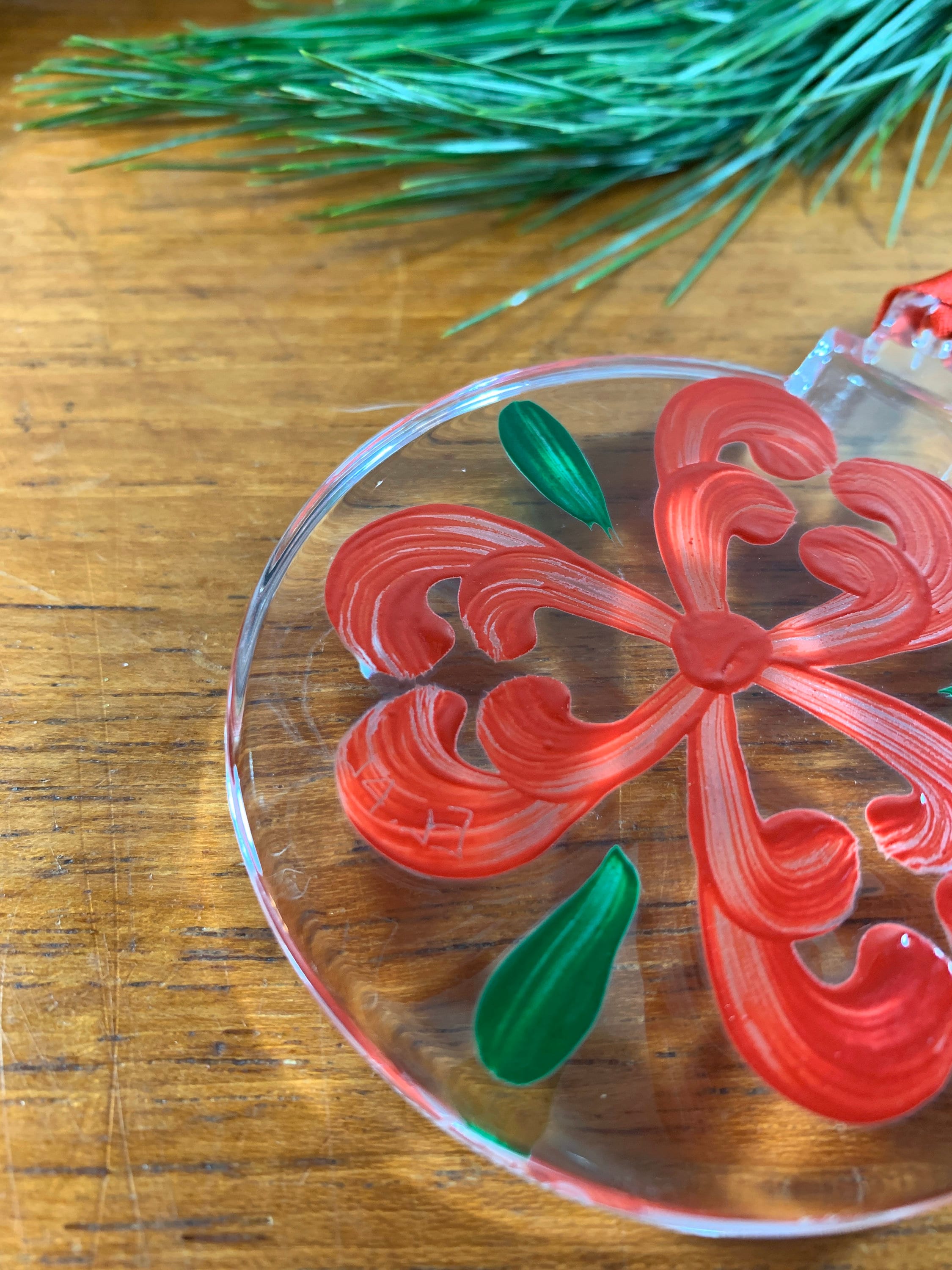 Orrefors Glass Christmas Flower Ornament Hand Painted Folk Art Design