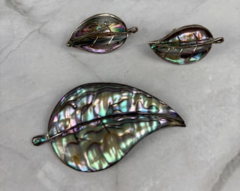 Mexican Abalone Leaf Brooch and Screw Back Earrings Made in Mexico