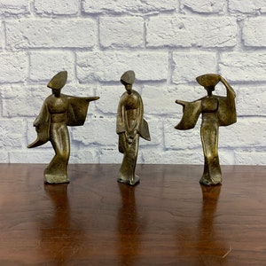 Trio of Bronze Japanese Geisha Figurines Women in Kimonos Dancing Mid Century Modern Home Decor