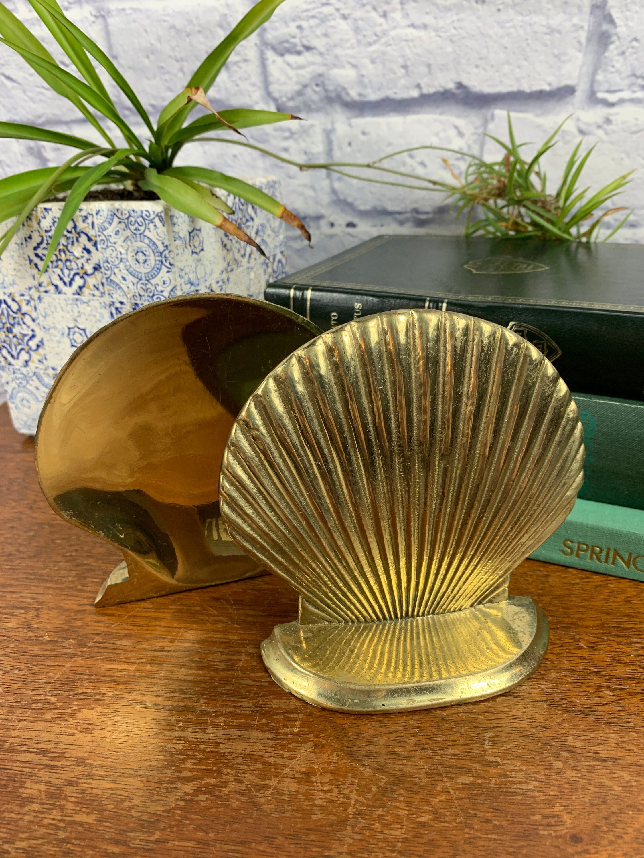 Boho Brass Sea Shell Bookends Vintage Scallop Shape