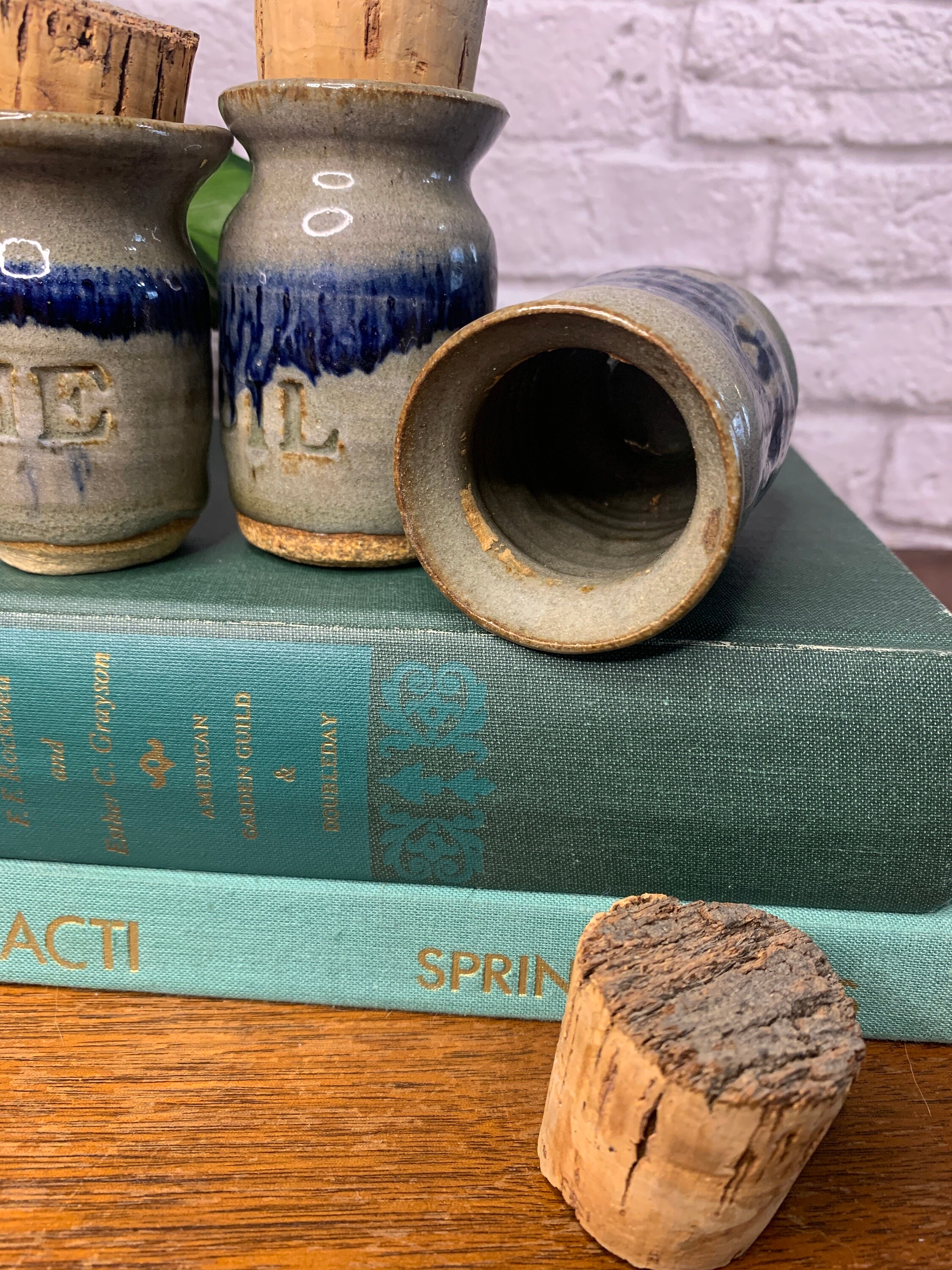 Ceramic Stoneware Spice Jars with Cork Lids Set of Four Paprika, Basil