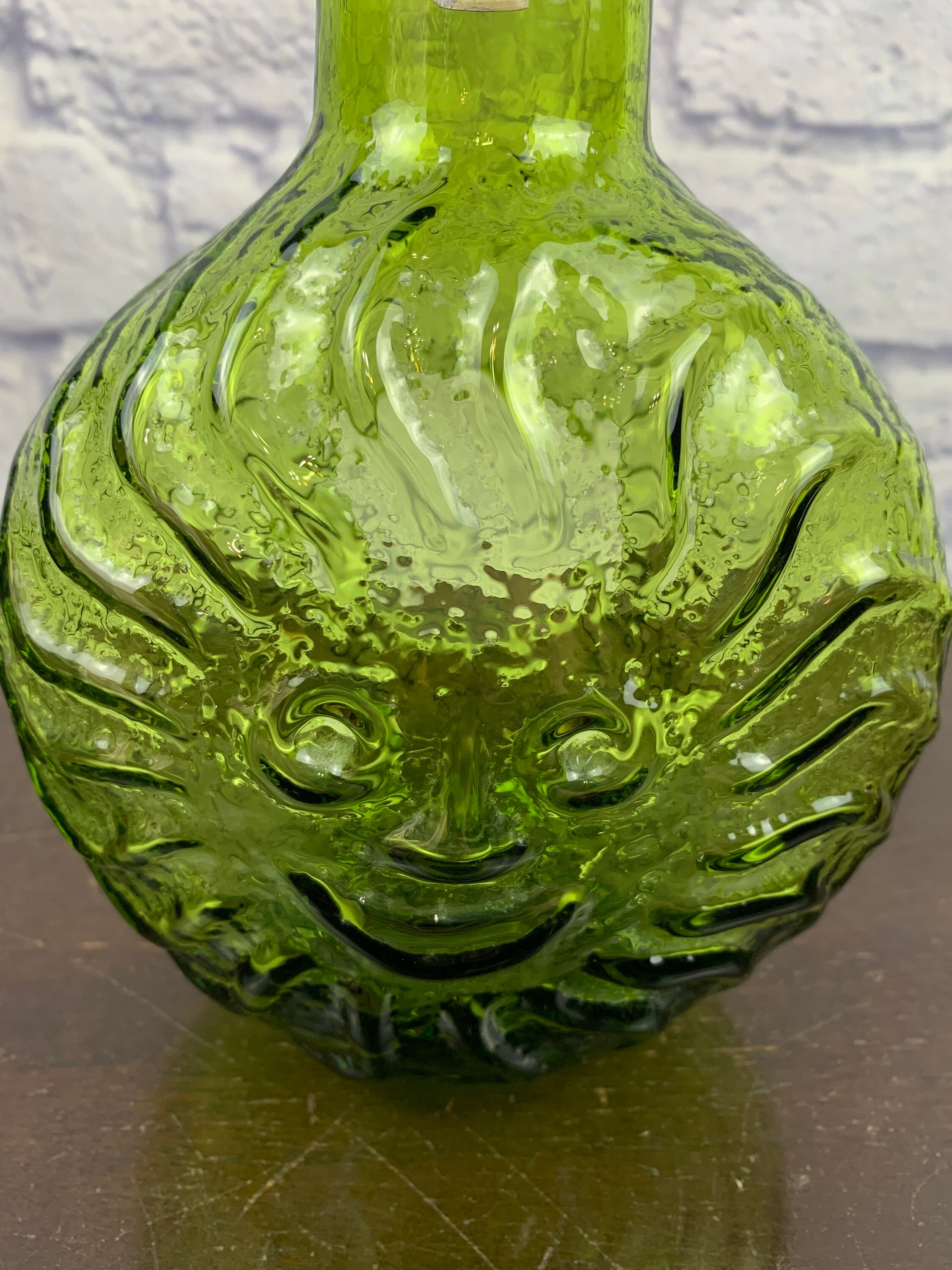 Vintage Rainbow Art Glass Company West Virginia Green Sun Face Candle