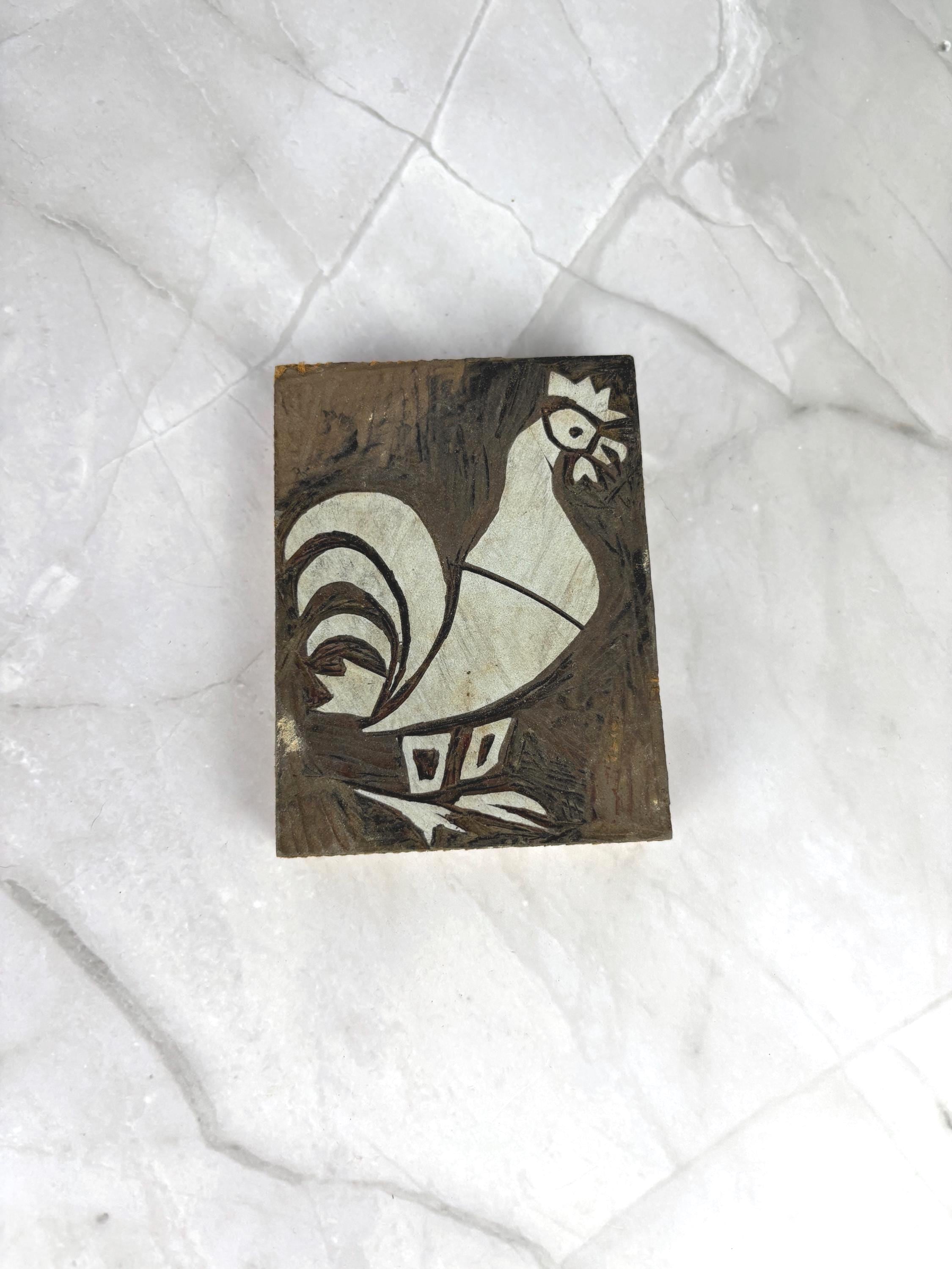 Hand-Carved Wooden Rooster Wood Block Stamp