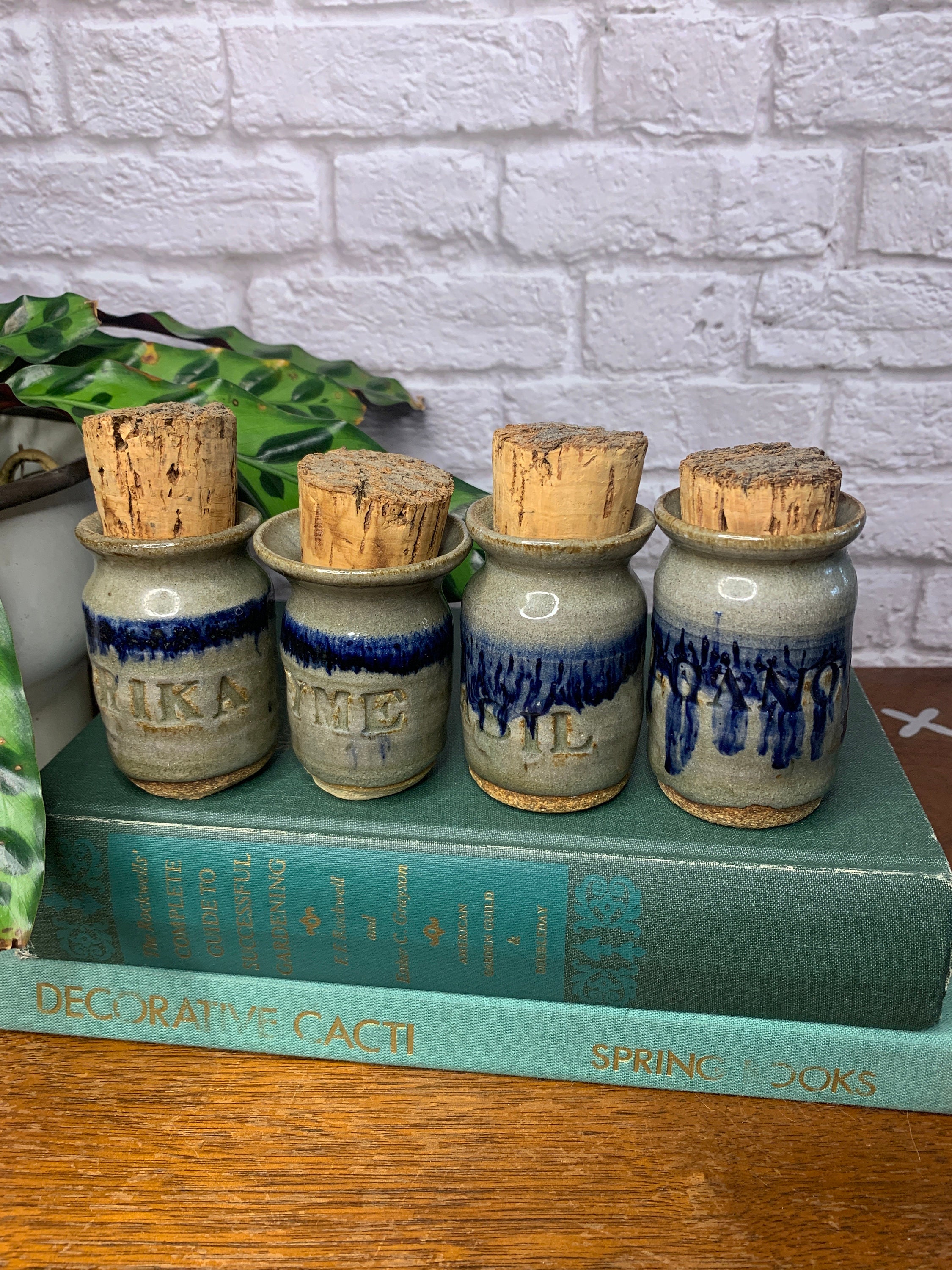 Ceramic Stoneware Spice Jars with Cork Lids Set of Four Paprika, Basil
