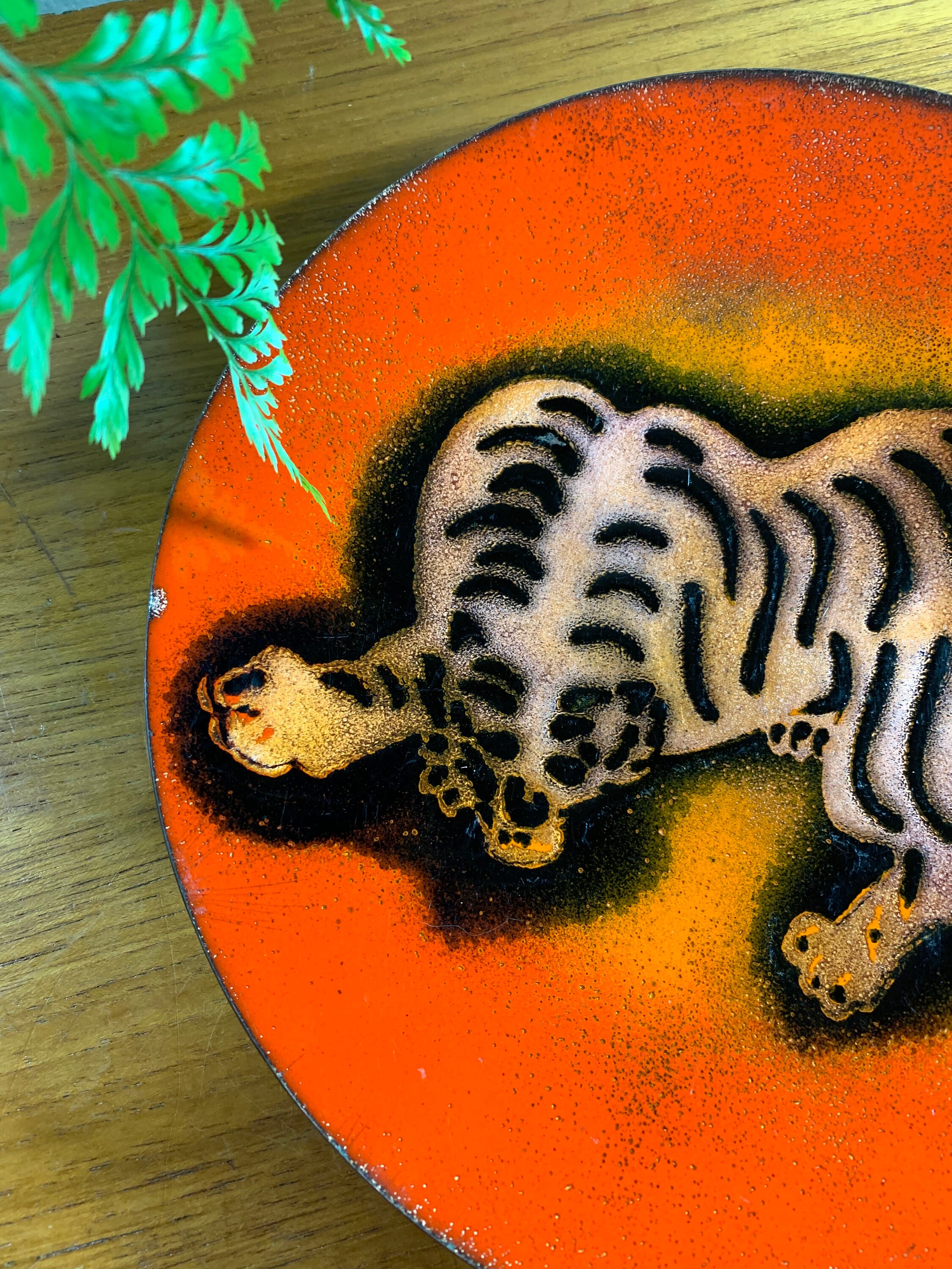 Vintage Red and Orange Enamel Plate with Crouching Tiger Mid Century