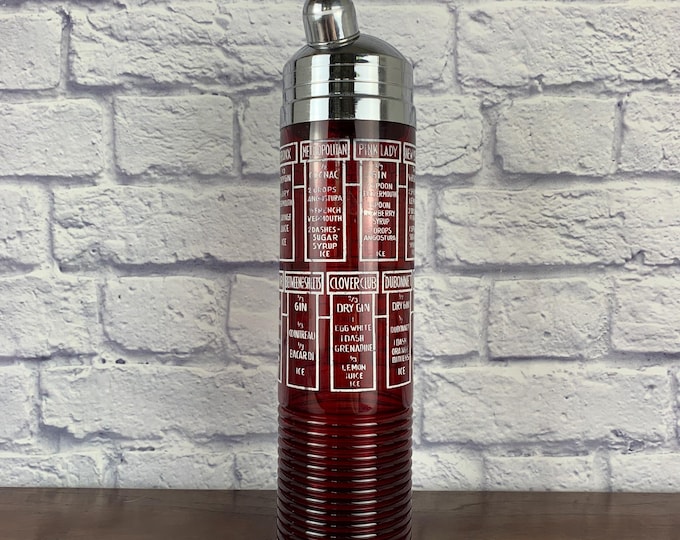Featured listing image: 1930s Extra Tall Ruby Red Glass Cocktail Shaker with Recipes and Lid