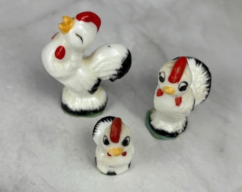 Josef Originals Miniature Rooster, Chicken, and Chick Vintage Figurines Set of Three