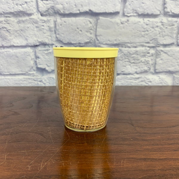 Single Raffia Ware Tumbler Yellow and Tan Wicker Rattan Inlay 1960s Mid Century