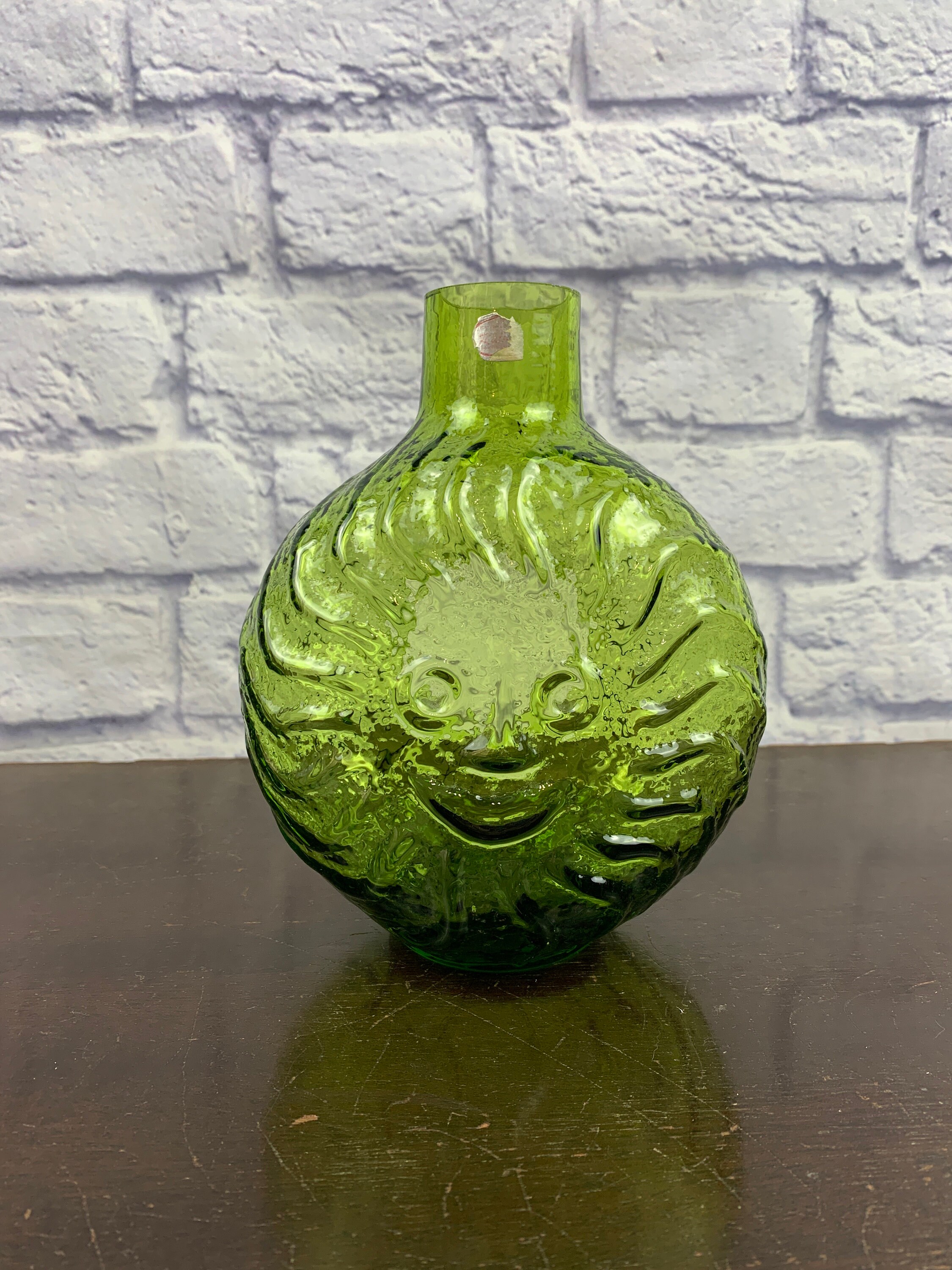 Vintage Rainbow Art Glass Company West Virginia Green Sun Face Candle
