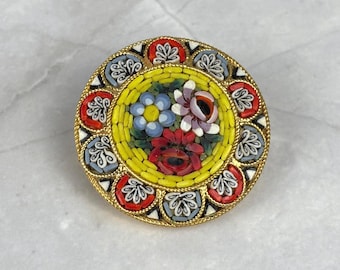 Vintage Round Floral Micro Mosaic Brooch Pin