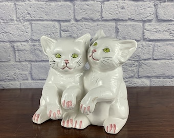 Large Bellini Two White Ceramic Cats with Green Eyes Figurine Mid Century Italian Ceramics