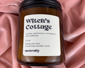 Witch's Cottage | Vanilla, Cinnamon, Patchouli, and Tobacco Crackling Wooden Wick Candle | Non-Toxic Cruelty-Free | Coconut Soy Wax | 7.5 Oz