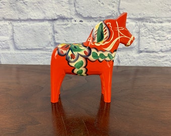 Glossy Red Wooden Dala Horse Mid Century Handpainted Folk Art Decor