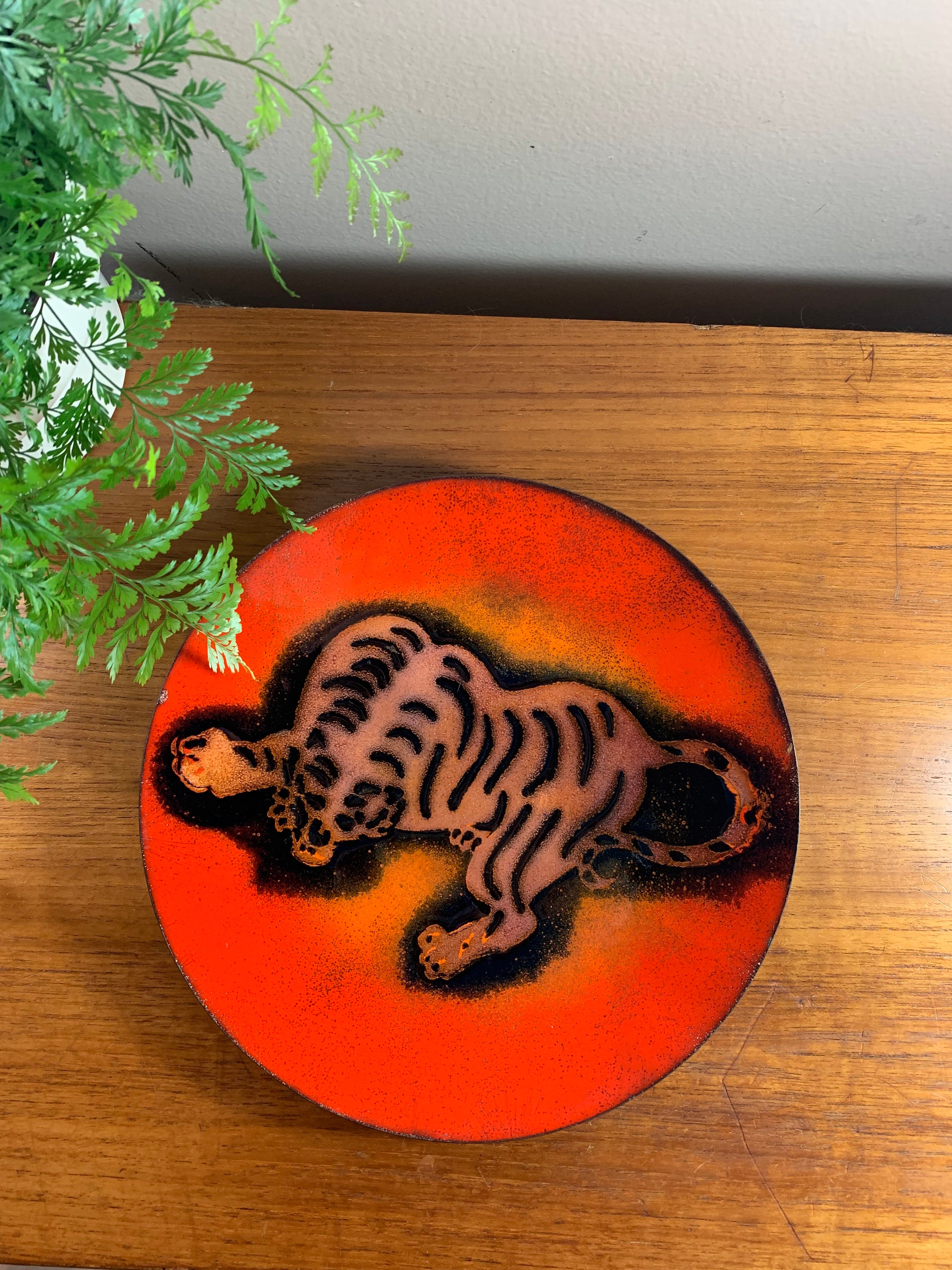Vintage Red and Orange Enamel Plate with Crouching Tiger Mid Century