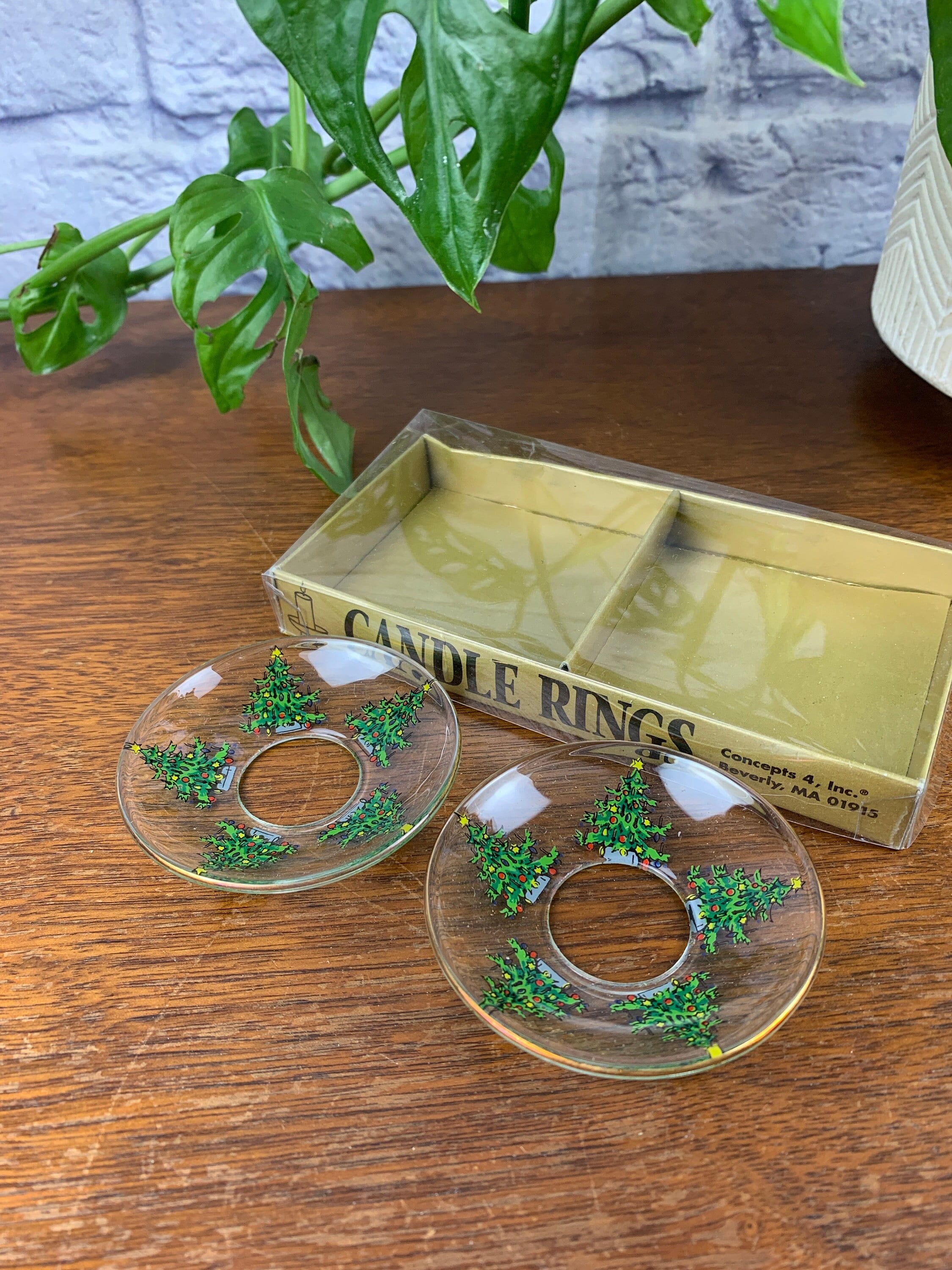 Vintage Glass Candle Rings with Christmas Tree Pattern Set of Two in