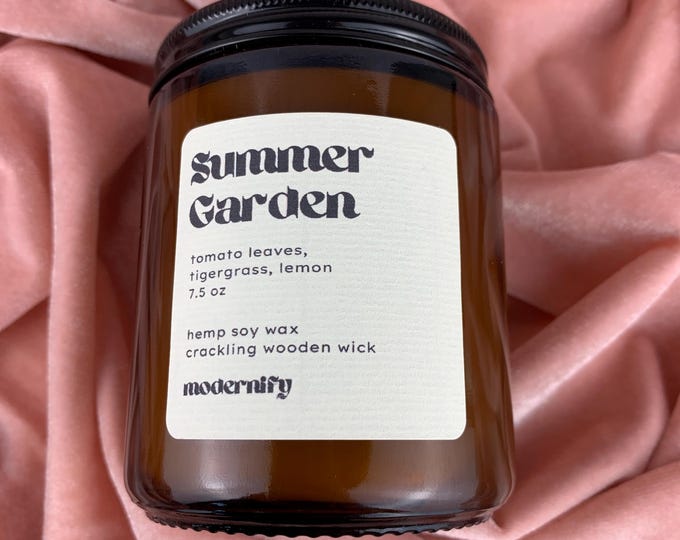 Featured listing image: Summer Garden | Tomato Leaves, Basil, & Lemon Scented Wooden Wick Crackling Vegan Candle | Coconut Soy Wax