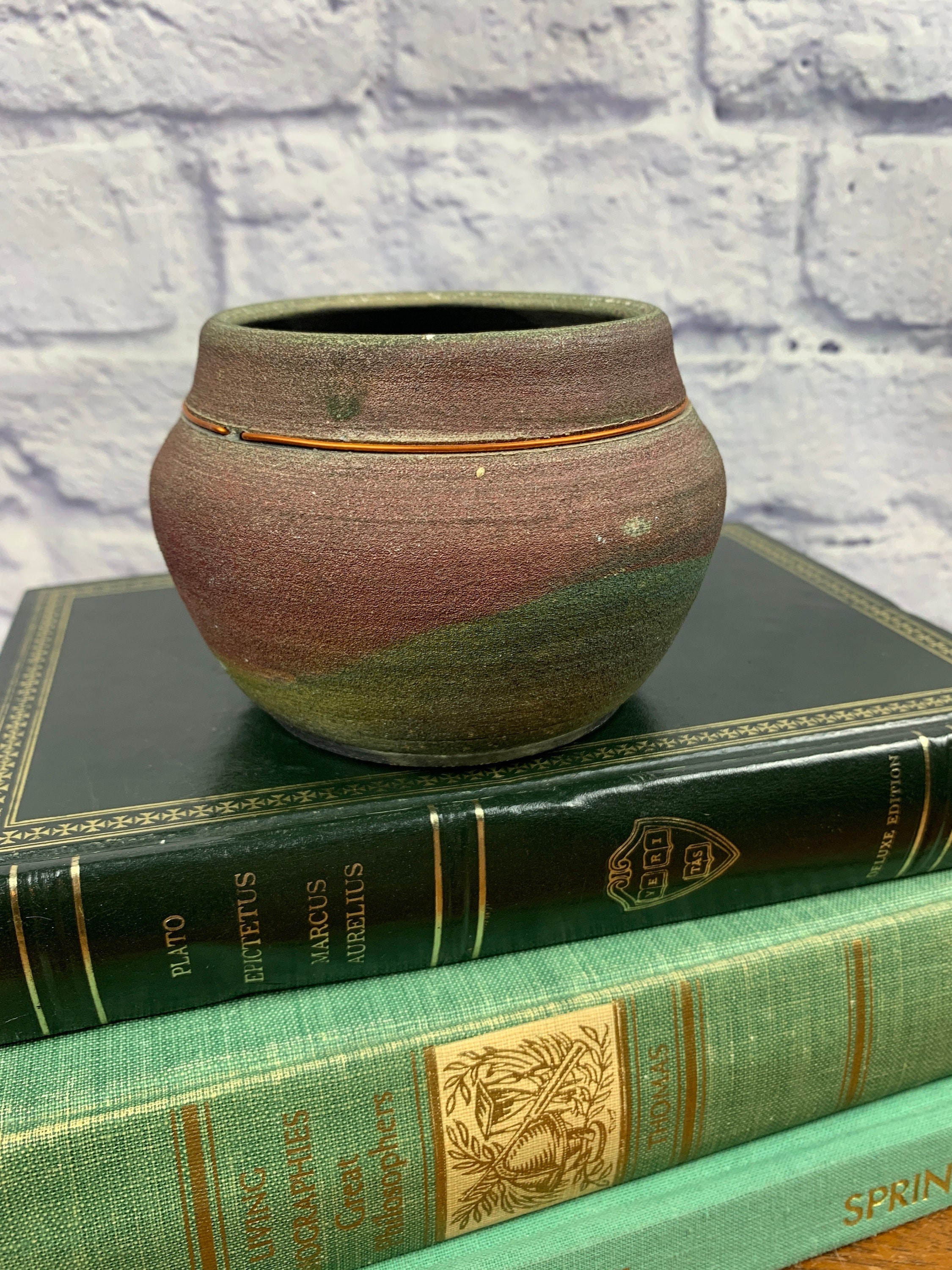 Raku Pottery Planter with Embedded Copper Wire 1990s Handmade Vintage