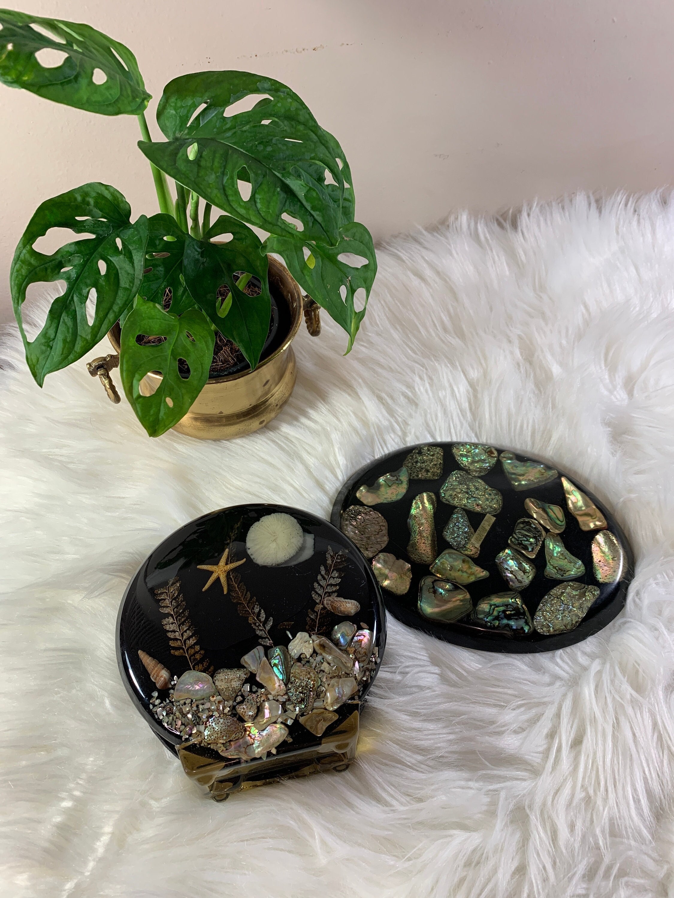 Black Resin Hot Plate Trivet and Napkin Holder with Embedded Abalone