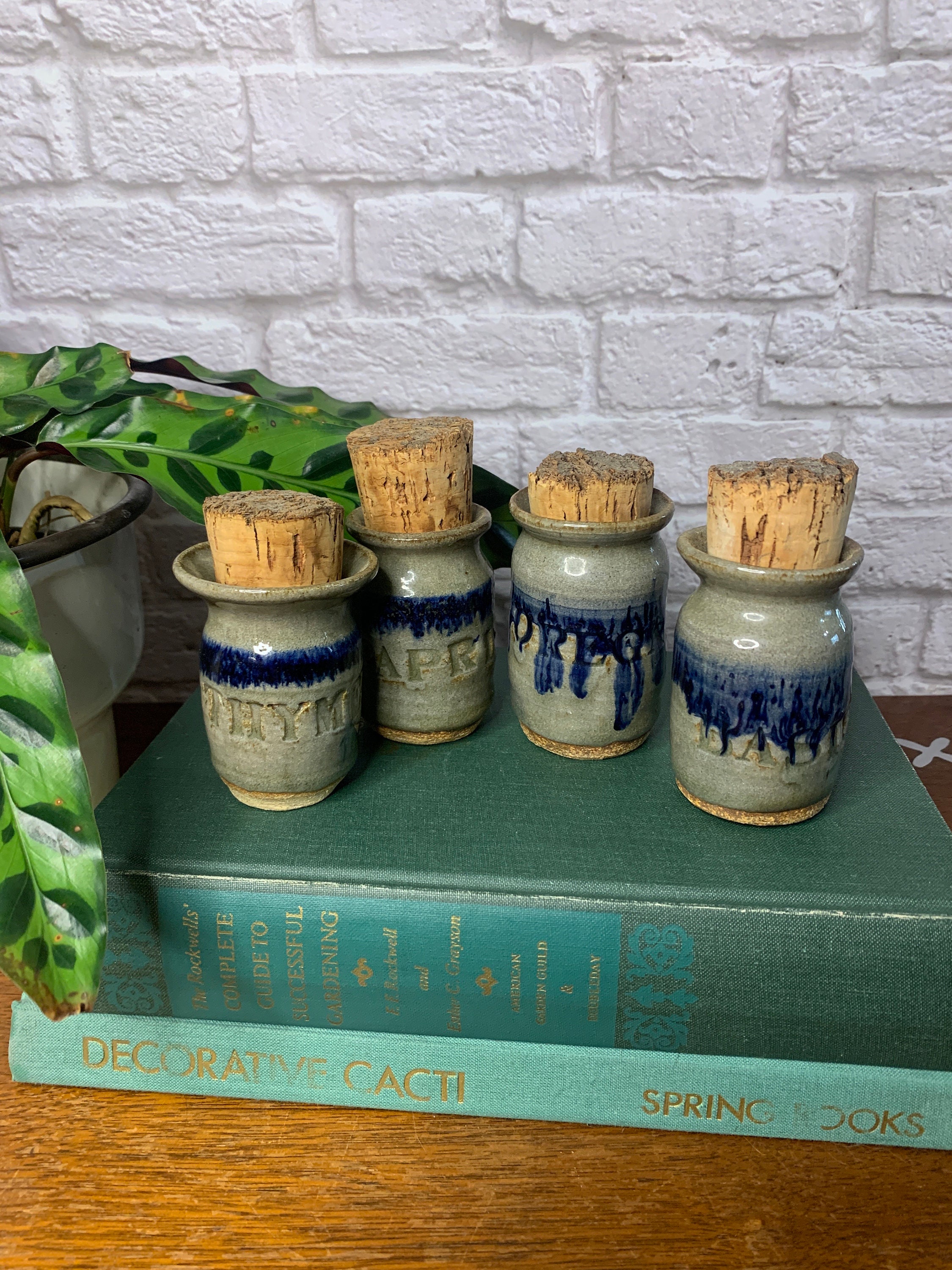 Ceramic Stoneware Spice Jars with Cork Lids Set of Four Paprika, Basil