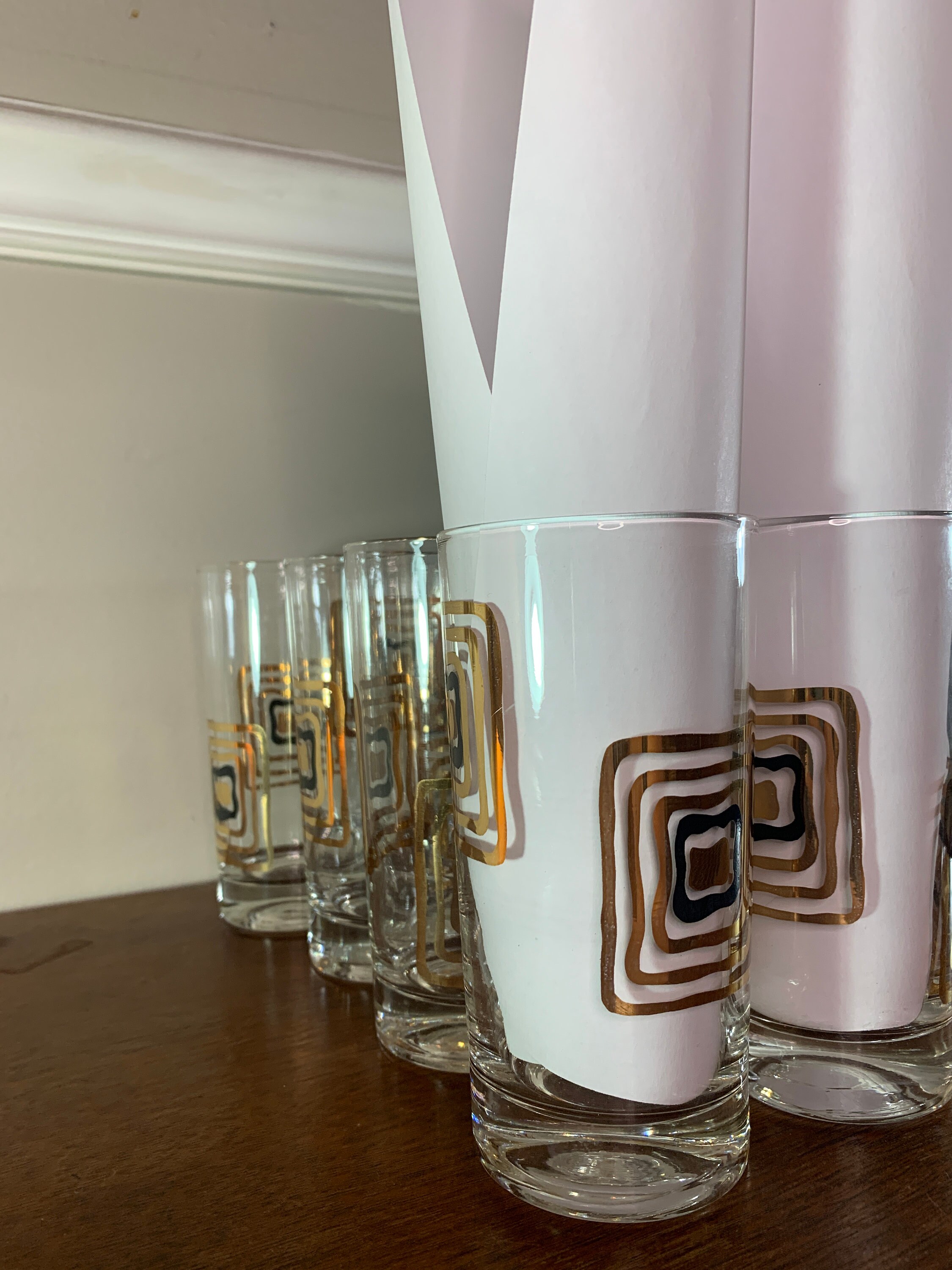 Set of 8 Highball Collins Glasses Mod Gold and Black Squares Mid