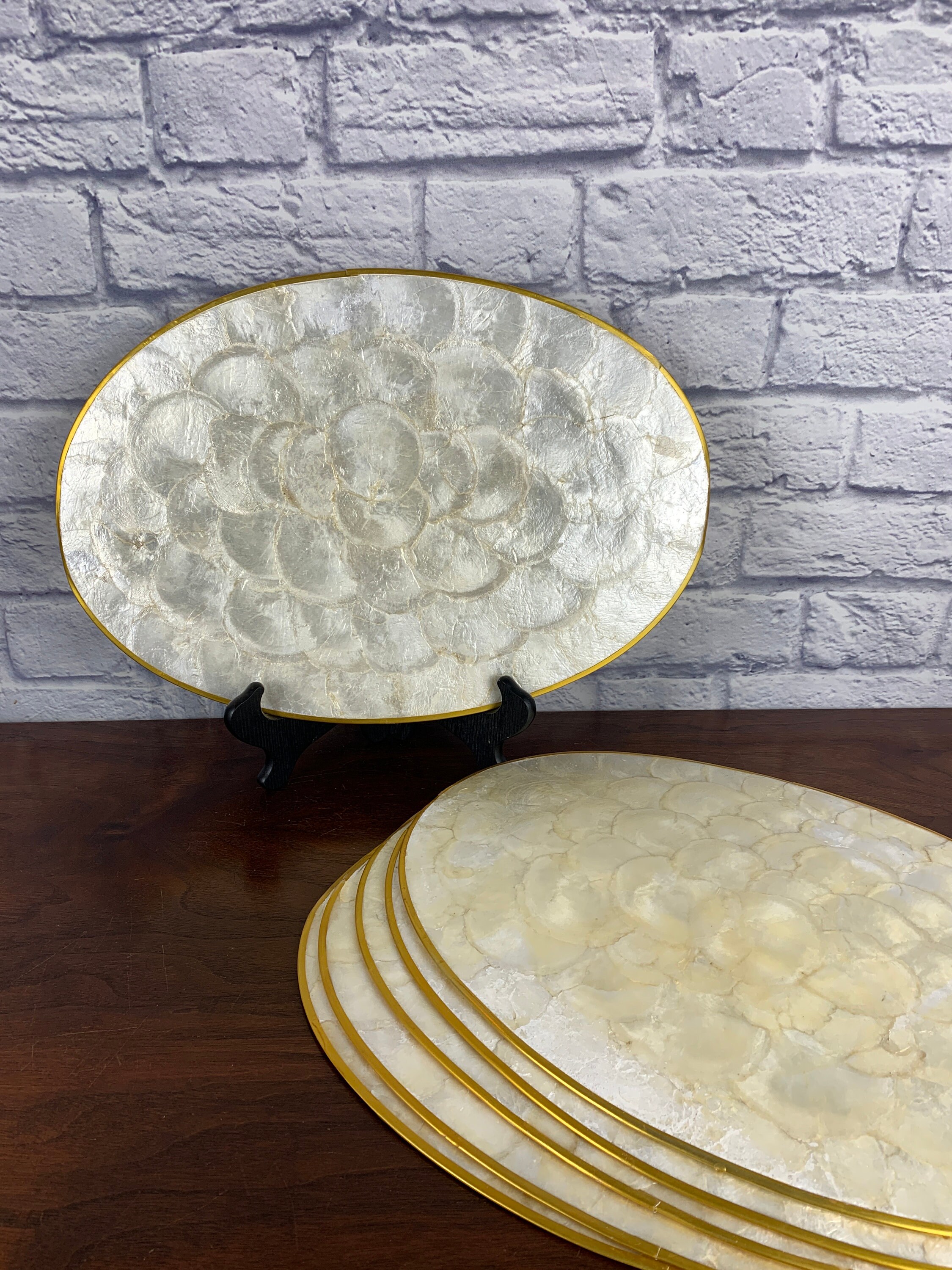 White Capiz Shell Oval Placemats Set of Six Mid Century Boho Home Decor