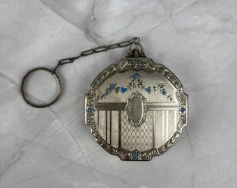 Antique Fingertip Compact Silvertone with Enamel Blue Forget-Me-Not Flowers for Powder and Rouge