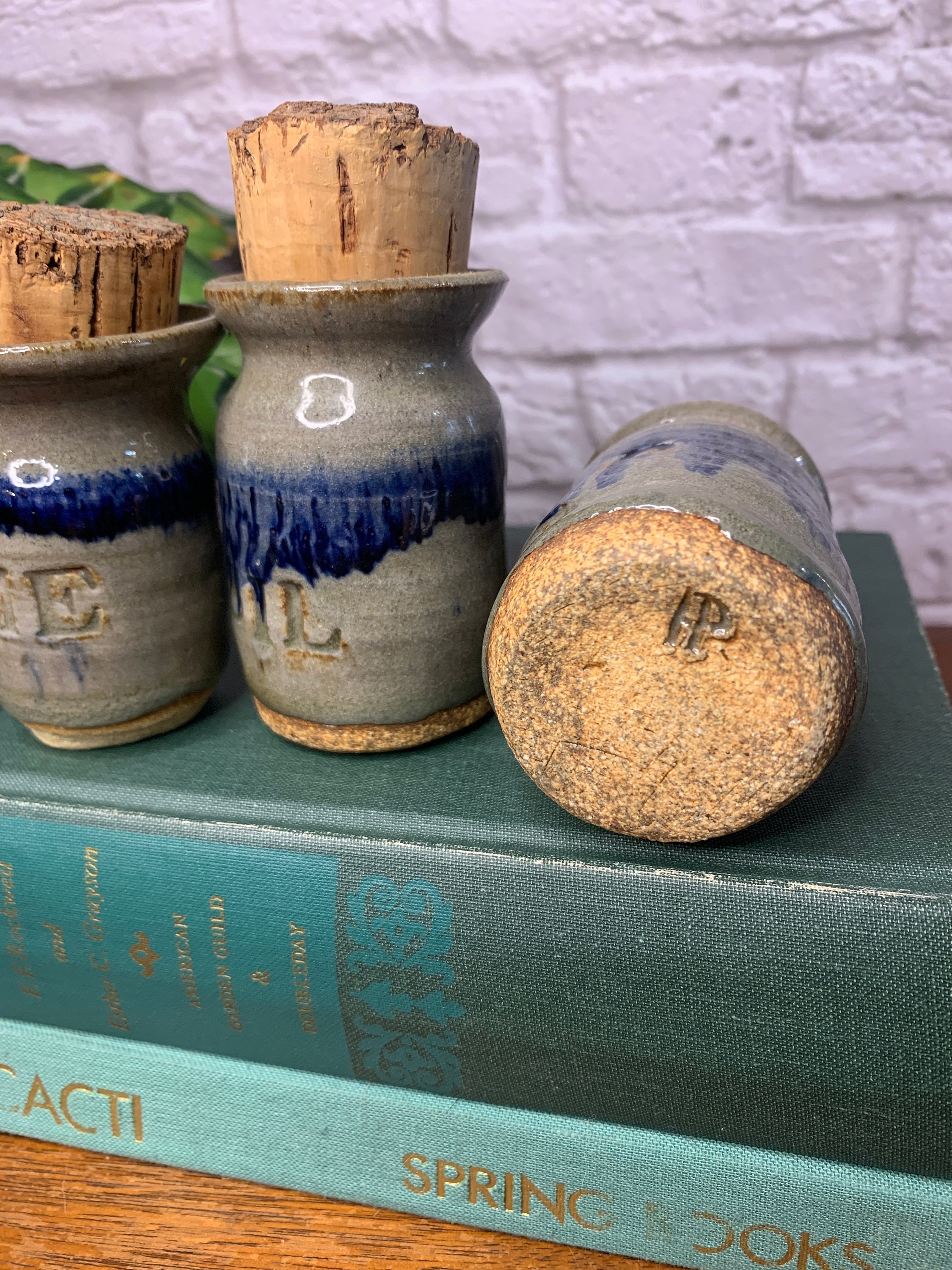 Ceramic Stoneware Spice Jars with Cork Lids Set of Four Paprika, Basil