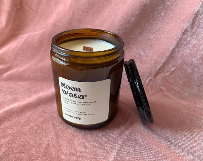 Featured listing image: Moon Water | Night Jasmine, Wet Moss, Musk, + Gardenia Wooden Wick Candle 7.5 Oz | Coconut Soy Wax | Cruelty-Free and Non-Toxic