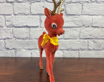 Vintage Red Flocked Reindeer with Gold Glitter Antlers and Tail Mid Century Christmas Kitsch Decor