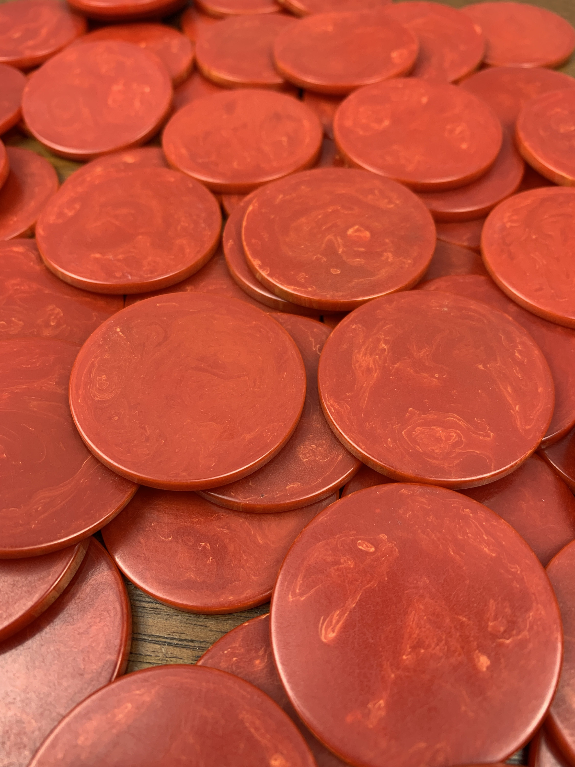 Red Bakelite or Catalin Poker Chips Set of 40 Vintage Pieces in Marbled