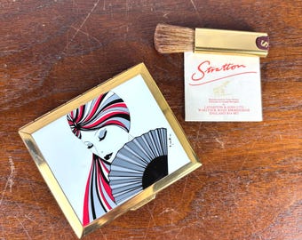 Vintage Stratton Compact with 1980s Art Deco Lady Art by Jeanette in Original Box