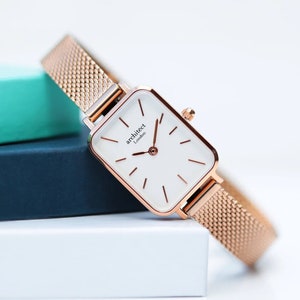 Ladies Personalized Rose Gold Engraved Watch | Personalised Rectangular Watch with Handwriting for Her
