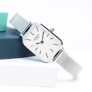 Ladies Personalized Silver Engraved Watch | Personalised Rectangular Watch with Handwriting for Her