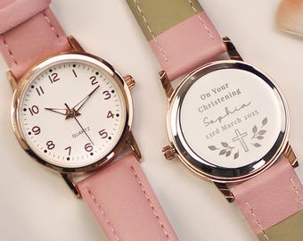 Children's Pink Personalised Watch with Cross Engraving - Personalised Watch for Baptism, Christening, 1st Holy Communion