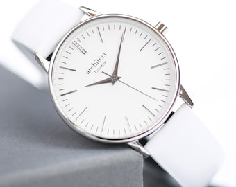 Ladies Personalized Engraved Watch | Personalised Watch with White Leather Strap