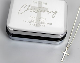 Personalised Christening Trinket Box & Sterling Silver Cross Necklace Set | Baby Christening Gift, Religious Gift