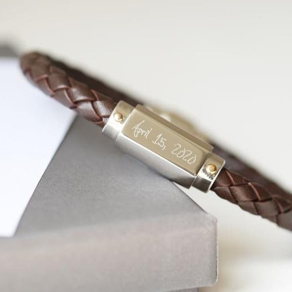 Personalised Men's Twisted Leather Handwriting Engraved Bracelet | Handwriting Gift for Men, Loved Ones Handwriting