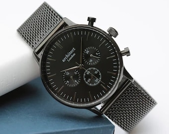 Personalized Engraved Men's Watch - Architect Motivator Black Face Mesh Strap | Personalised Gift for Dad, Birthday, Husband Anniversary